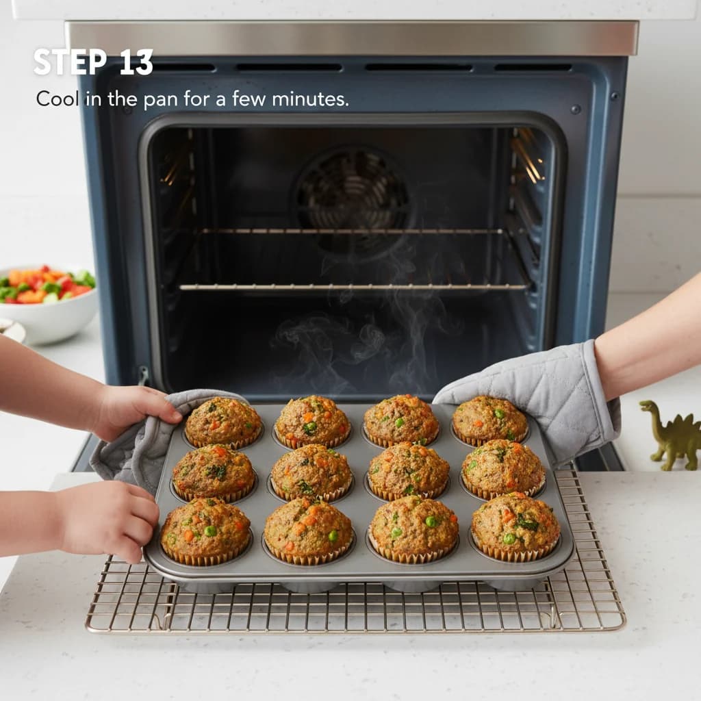Step 13: Remove the muffin tin from the oven and let the meatloaf muffins cool in the pan for a few minutes. for Mini Beef & Veggie Meatloaf Muffins