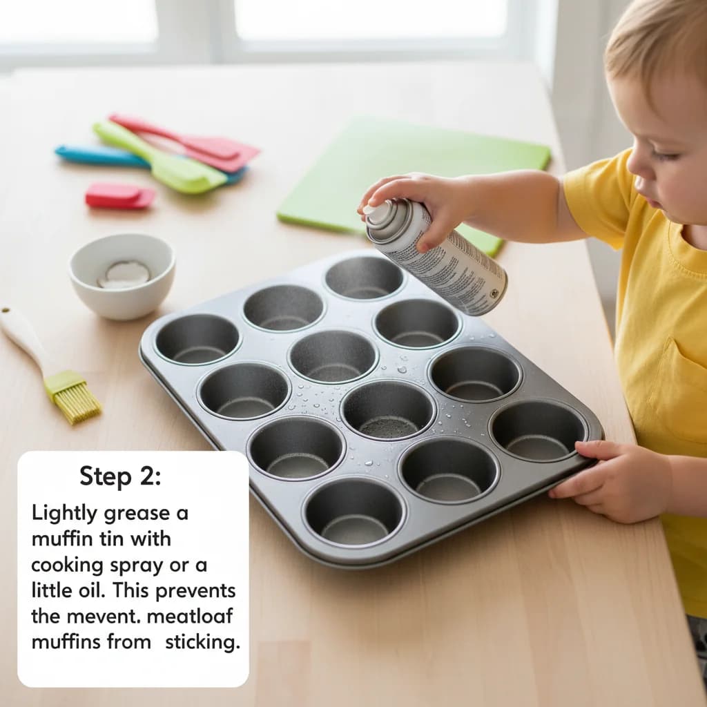 Step 2: Lightly grease a muffin tin with cooking spray or a little oil. This prevents the meatloaf muffins f for Mini Beef & Veggie Meatloaf Muffins