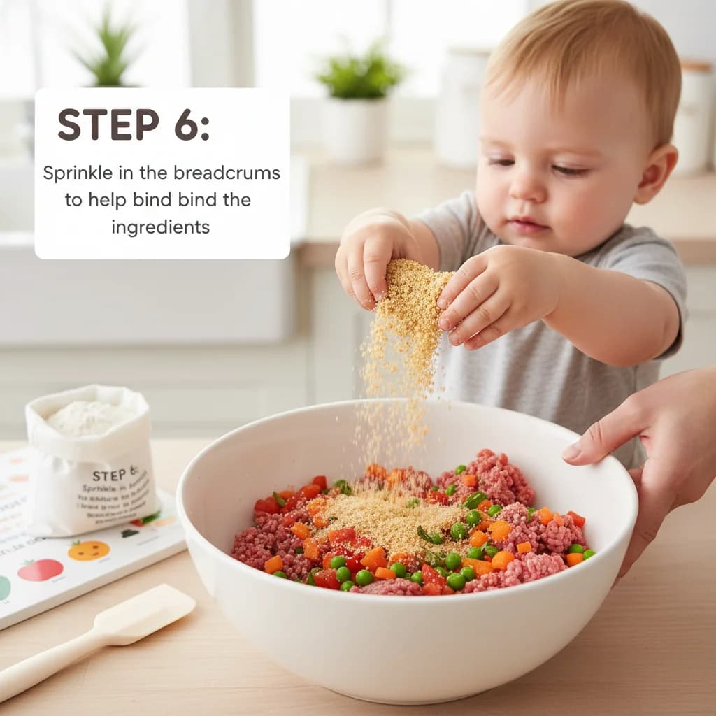 Step 6: Sprinkle in the breadcrumbs to help bind the ingredients. for Mini Beef & Veggie Meatloaf Muffins