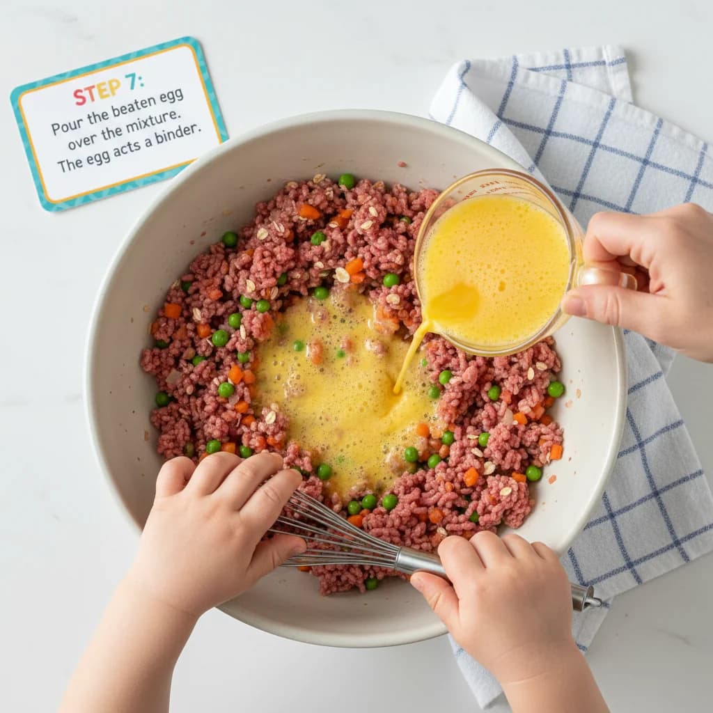 Step 7: Pour the beaten egg over the mixture. The egg acts as a binder. for Mini Beef & Veggie Meatloaf Muffins