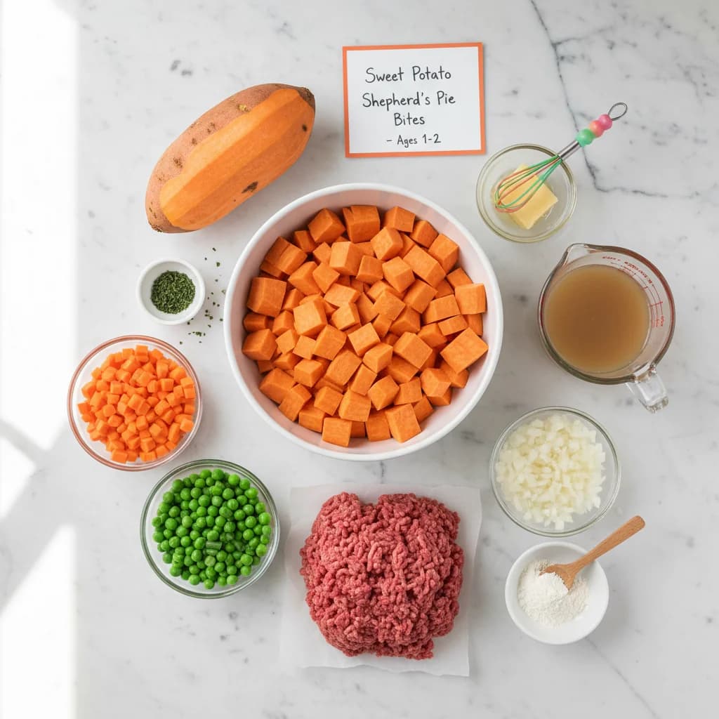 All ingredients needed for Sweet Potato Shepherd's Pie Bites arranged on a clean surface