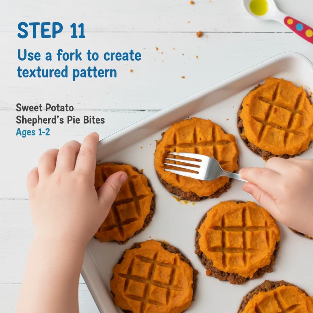 Step 11: Use a fork to create a textured pattern on the sweet potato topping (this helps it brown nicely). for Sweet Potato Shepherd's Pie Bites