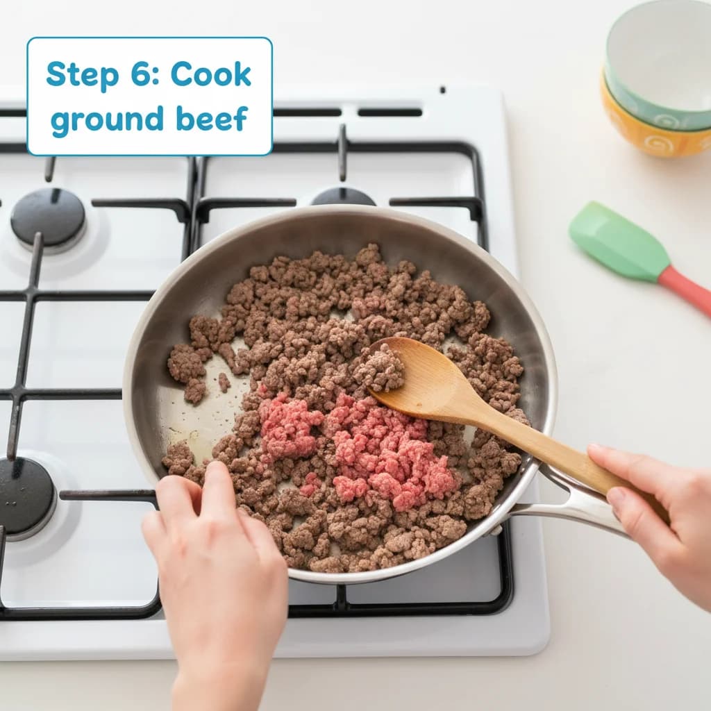 Step 6: Add the ground beef to the skillet and cook, breaking it up with a spoon, until it's no longer pink. for Sweet Potato Shepherd's Pie Bites