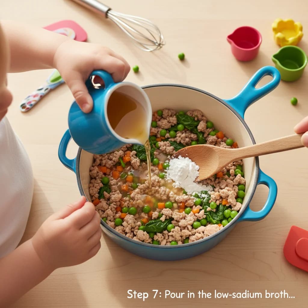 Step 7: Pour in the low-sodium broth. If using flour/cornstarch, sprinkle it over the meat and vegetables an for Sweet Potato Shepherd's Pie Bites