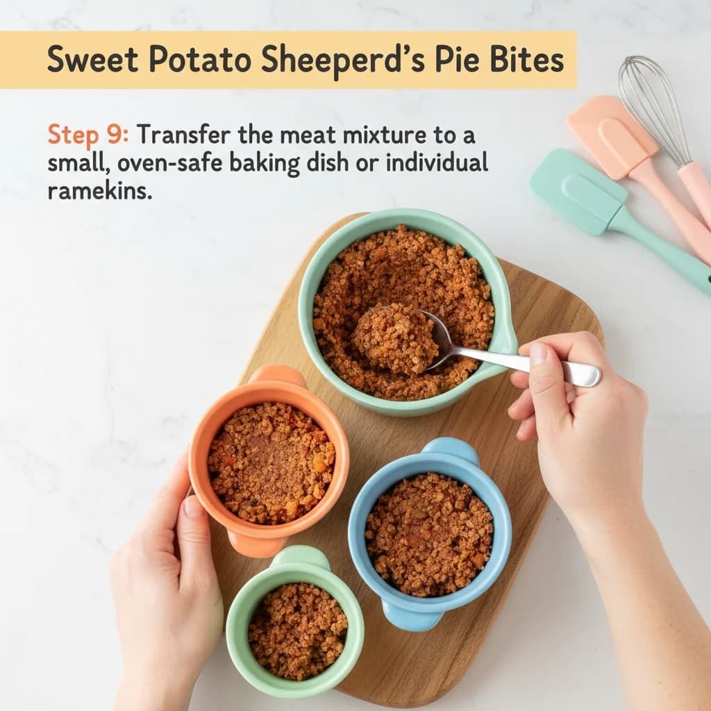 Step 9: Transfer the meat mixture to a small, oven-safe baking dish or individual ramekins. for Sweet Potato Shepherd's Pie Bites