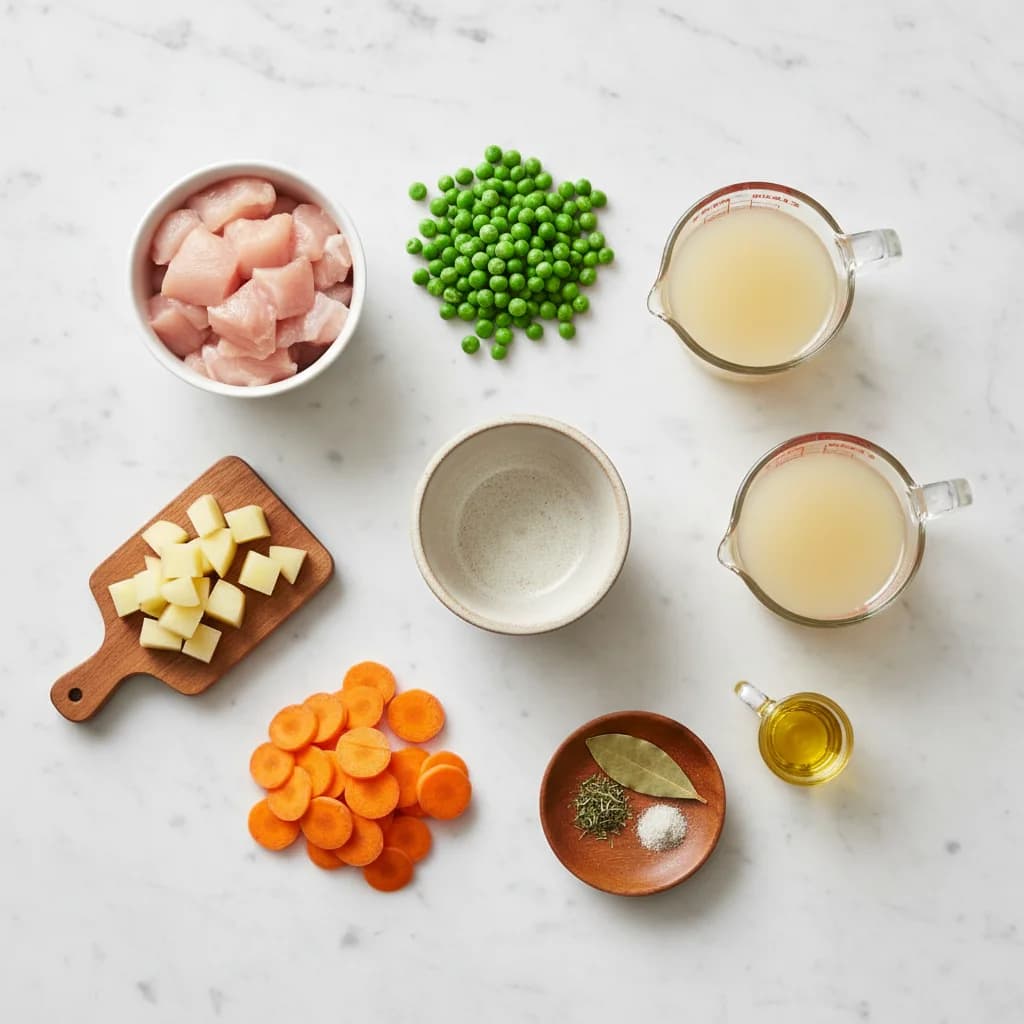 All ingredients needed for Chicken Veggie Hug in a Bowl arranged on a clean surface