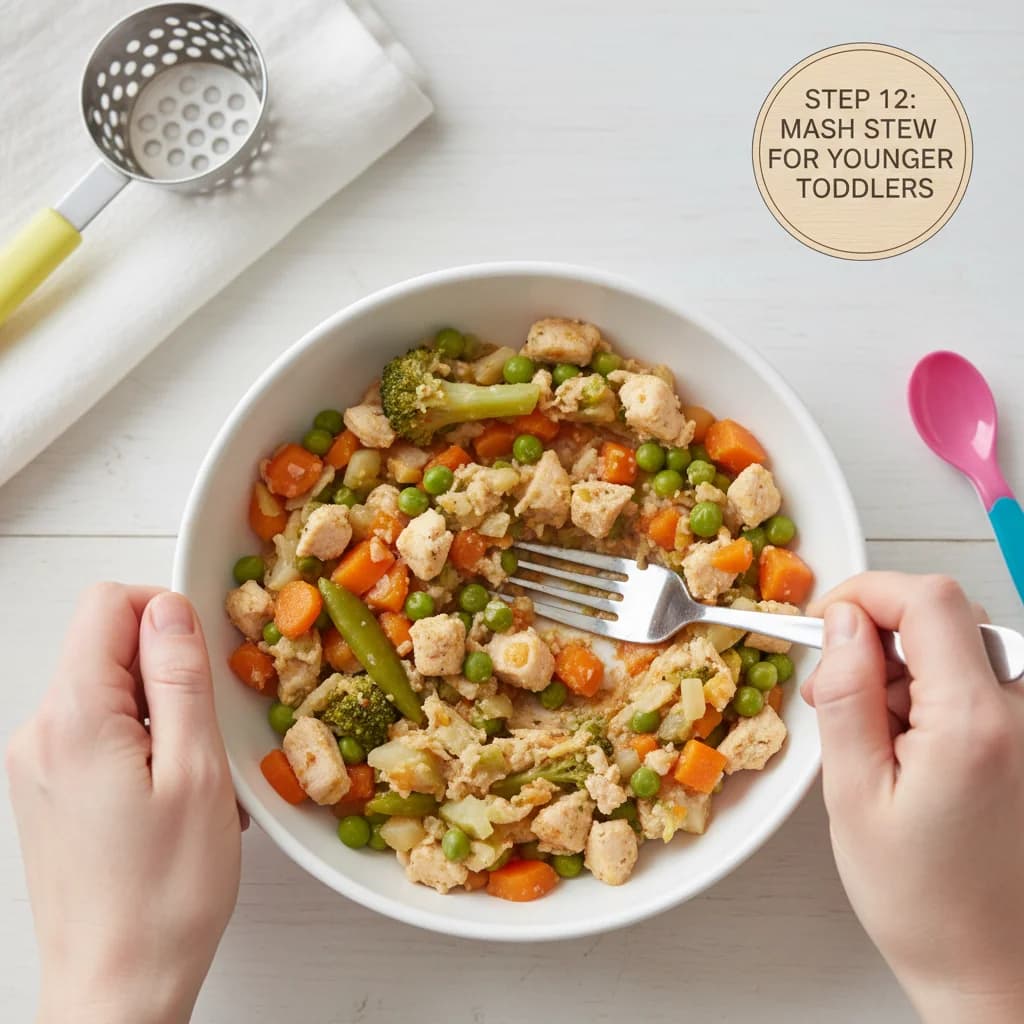Step 12: For younger toddlers, you can mash the stew slightly with a fork or potato masher to create a smooth for Chicken Veggie Hug in a Bowl