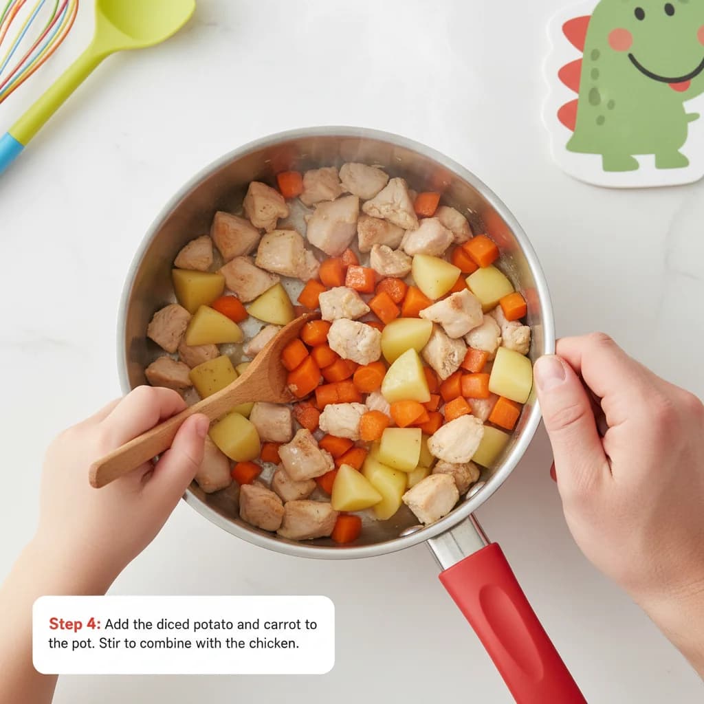 Step 4: Add the diced potato and carrot to the pot. Stir to combine with the chicken. for Chicken Veggie Hug in a Bowl