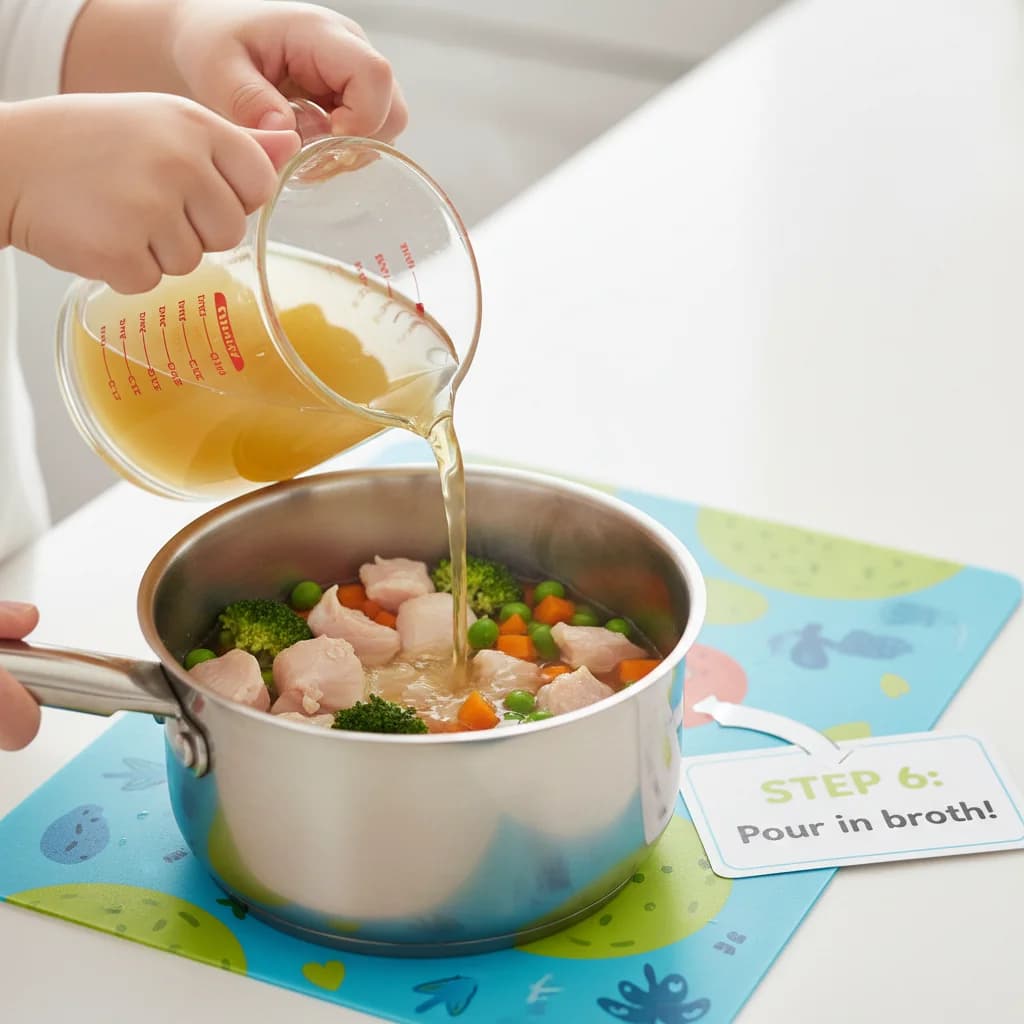Step 6: Pour the low-sodium chicken broth (or water) into the pot. Ensure the broth covers the chicken and v for Chicken Veggie Hug in a Bowl