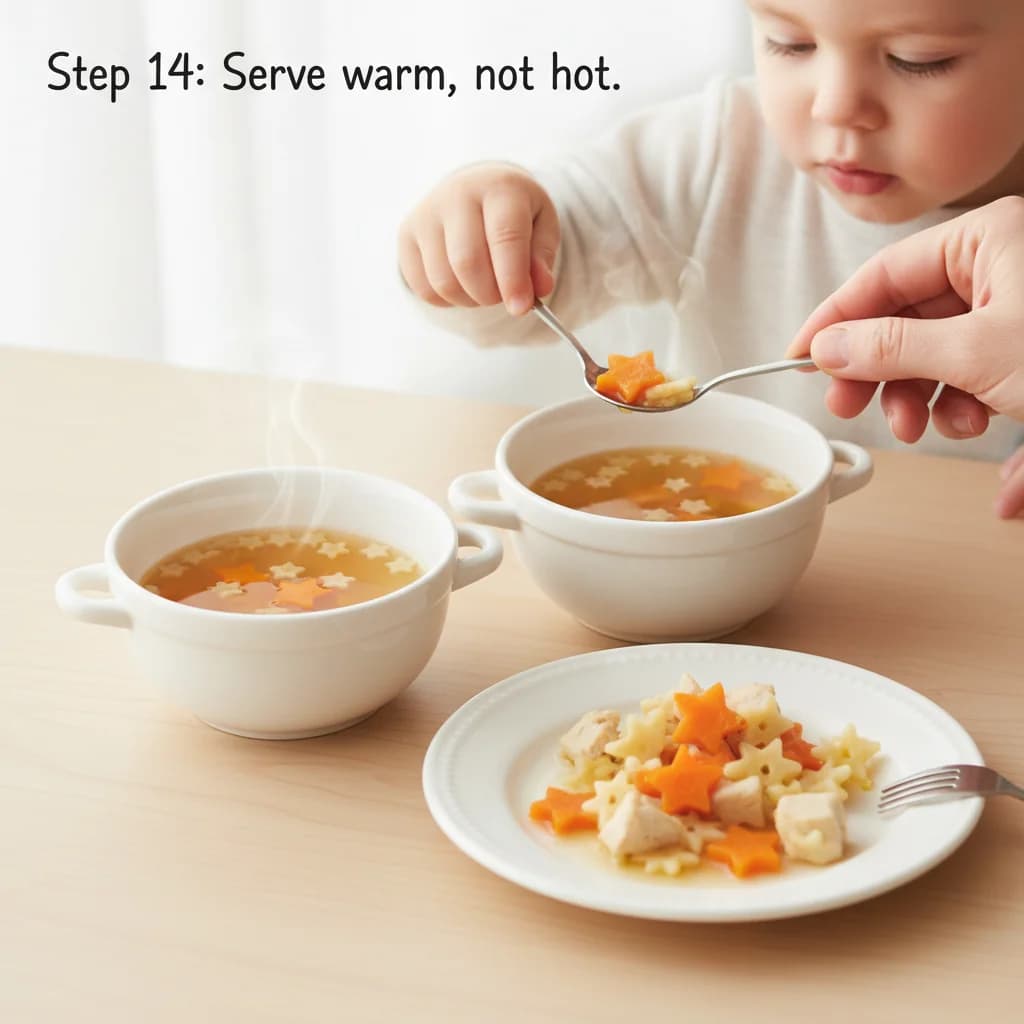 Step 14: Serve the soup warm, not hot. You can serve it in a bowl, helping your toddler with the broth using for Tiny Chicken Noodle Soup Stars