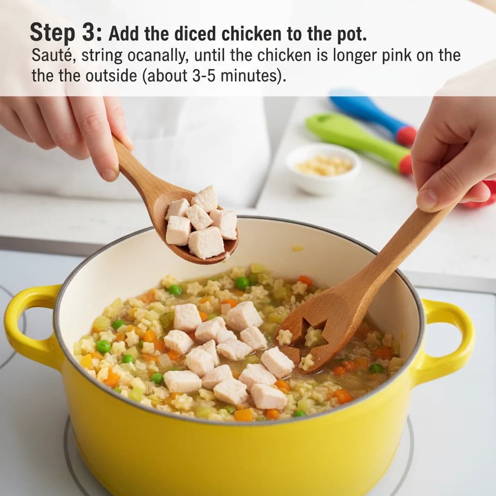 Step 3: Add the diced chicken to the pot. Sauté, stirring occasionally, until the chicken is no longer pink for Tiny Chicken Noodle Soup Stars