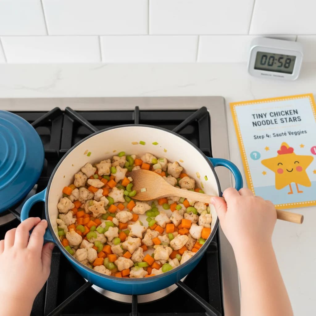 Step 4: Add the diced carrot and celery (if using) to the pot with the chicken. Sauté for another 2 minutes, for Tiny Chicken Noodle Soup Stars