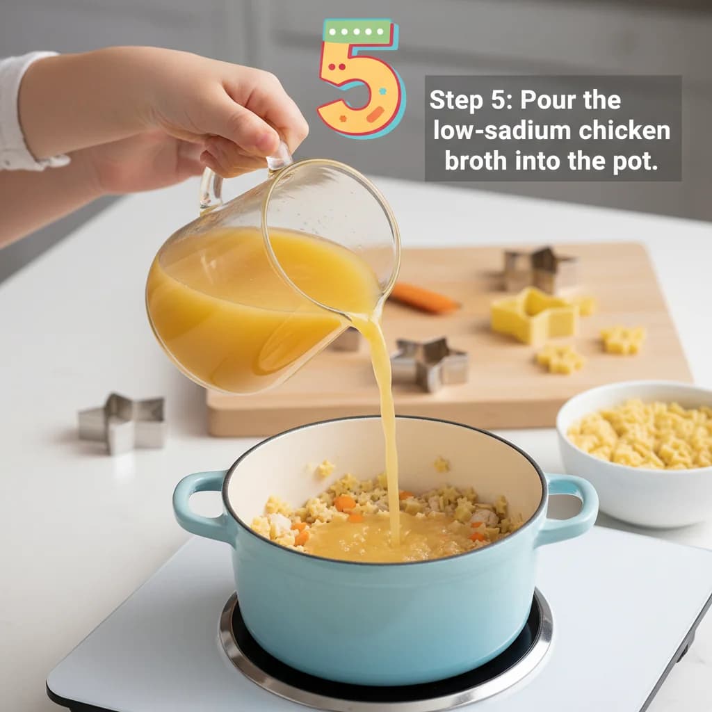 Step 5: Pour the low-sodium chicken broth into the pot. for Tiny Chicken Noodle Soup Stars