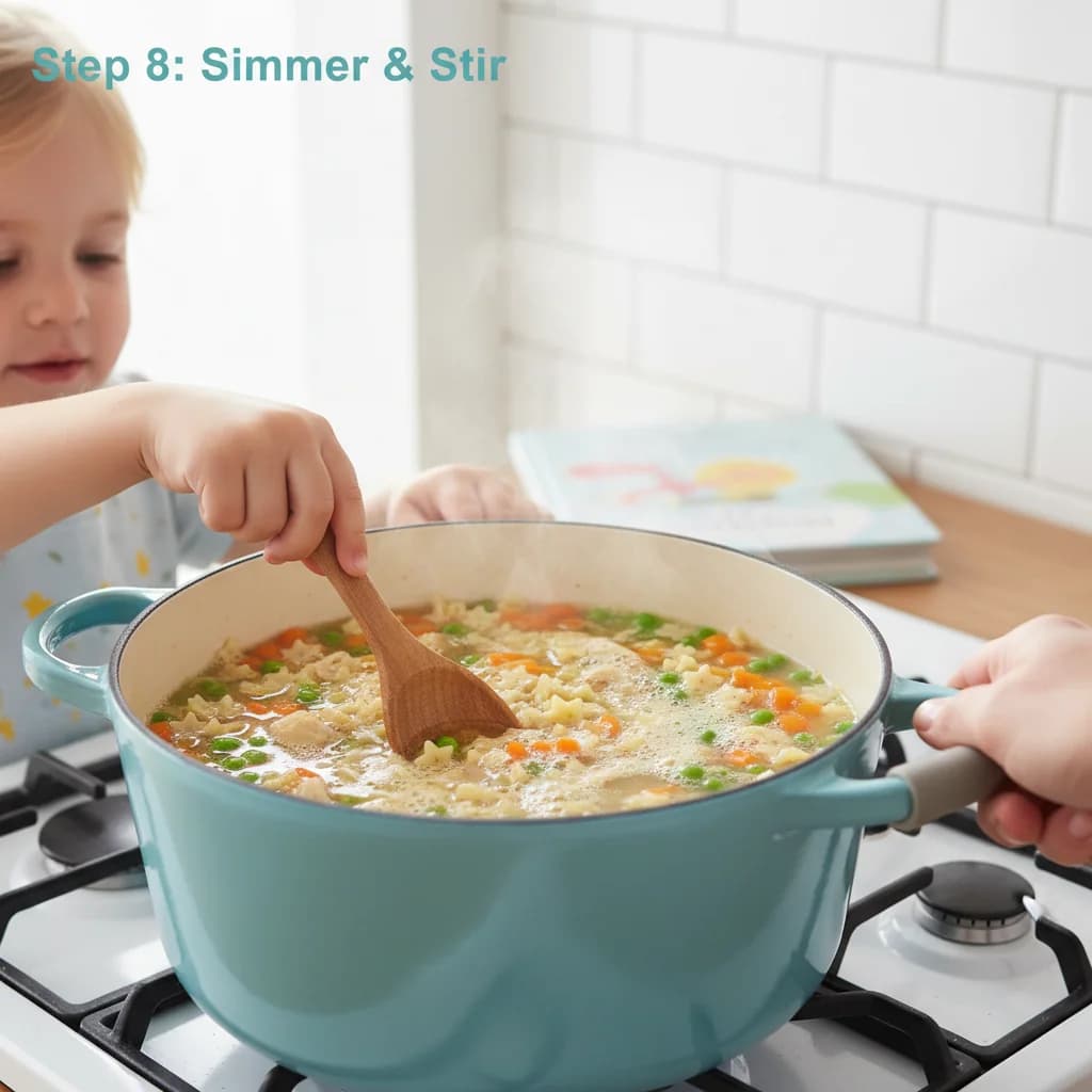 Step 8: Reduce the heat to a simmer. Cook according to the pasta package directions (usually about 8-10 minu for Tiny Chicken Noodle Soup Stars