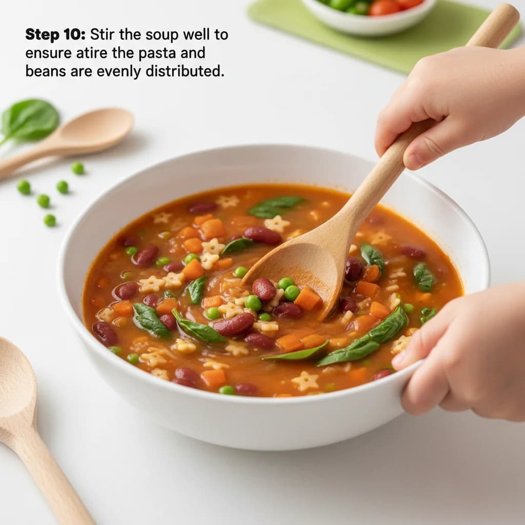 Step 10: Stir the soup well to ensure the pasta and beans are evenly distributed. for Tiny Tummies Minestrone: Veggie Pasta Adventure!