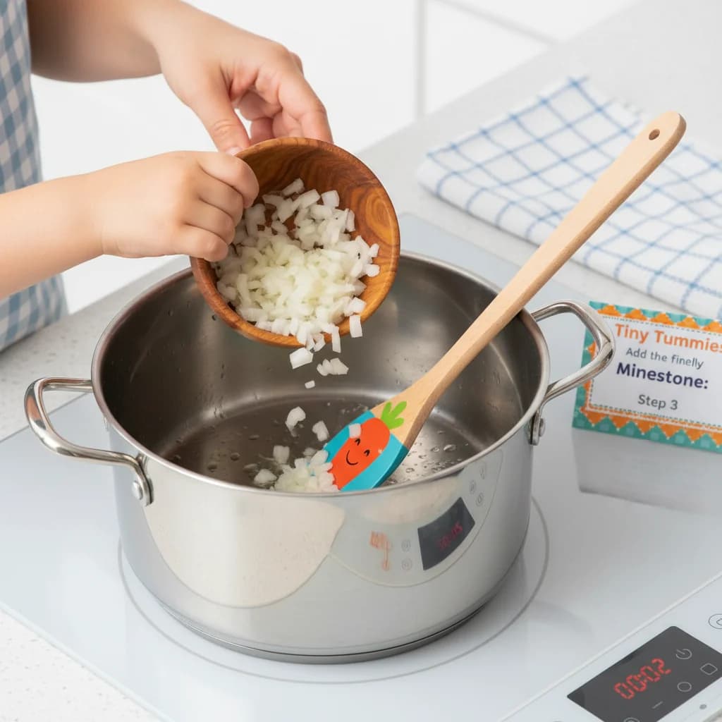 Step 3: Add the finely chopped onion to the pot and sauté for 2 minutes, or until softened and translucent. for Tiny Tummies Minestrone: Veggie Pasta Adventure!