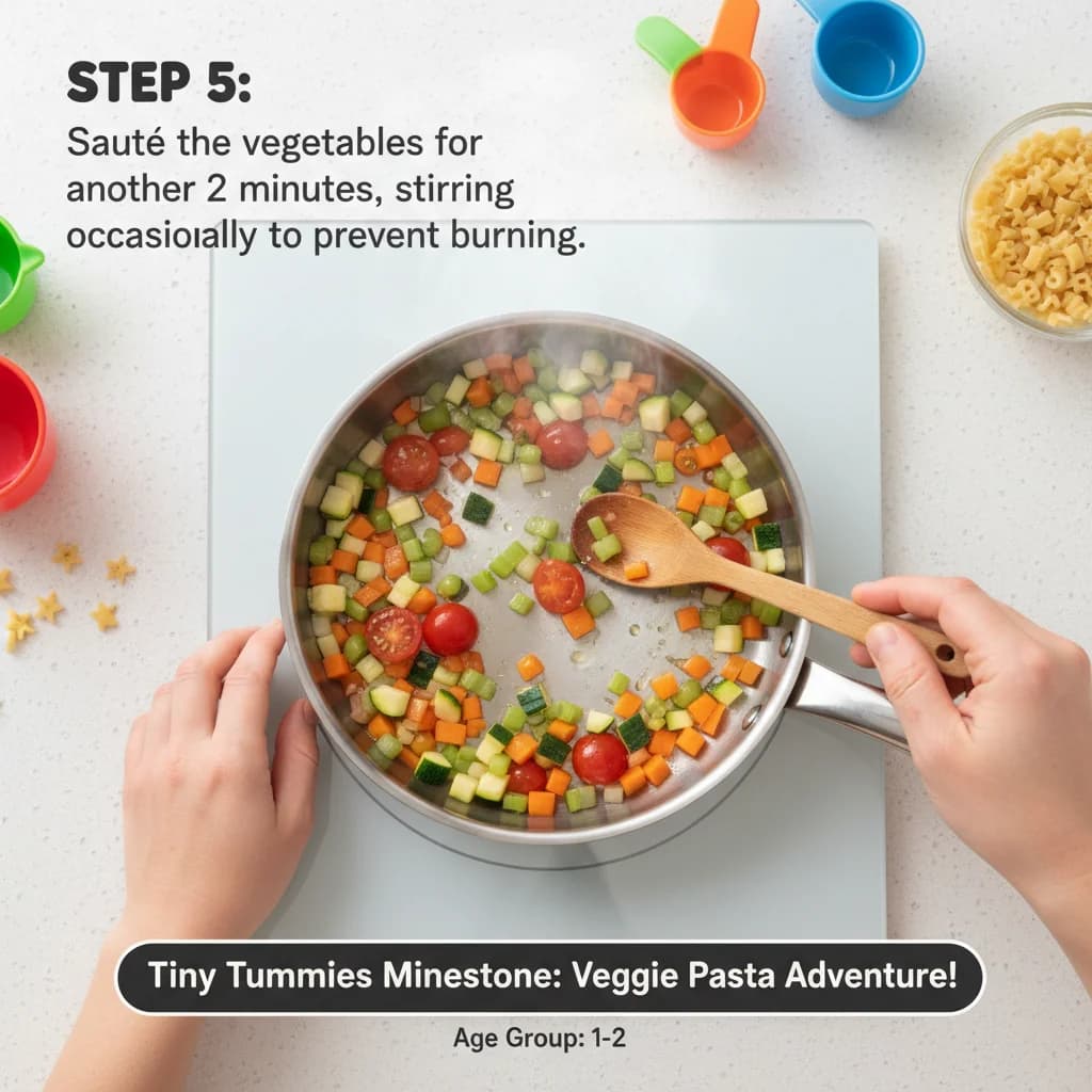 Step 5: Sauté the vegetables for another 2 minutes, stirring occasionally to prevent burning. for Tiny Tummies Minestrone: Veggie Pasta Adventure!