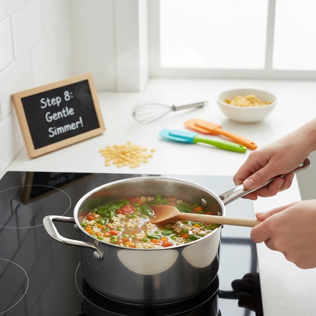 Step 8: Bring the soup to a gentle simmer. for Tiny Tummies Minestrone: Veggie Pasta Adventure!