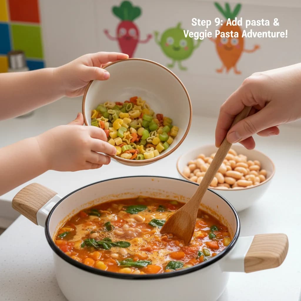 Step 9: Add the small pasta and rinsed cannellini or red kidney beans to the simmering soup. If using whole for Tiny Tummies Minestrone: Veggie Pasta Adventure!